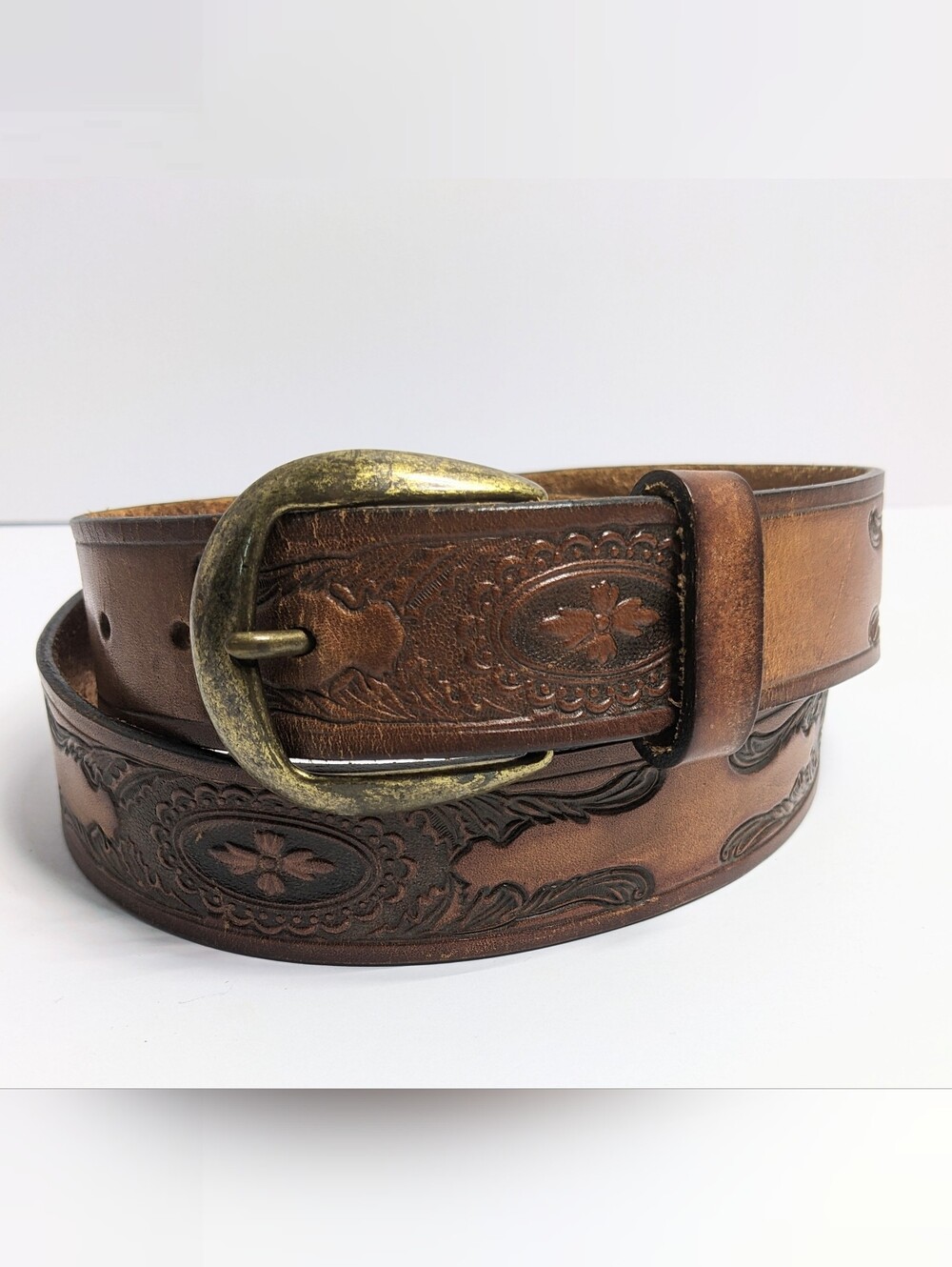 Eagle Leatherworks By Leegin Vintage Unisex Tooled Leather Belt W/ Brass Buckle